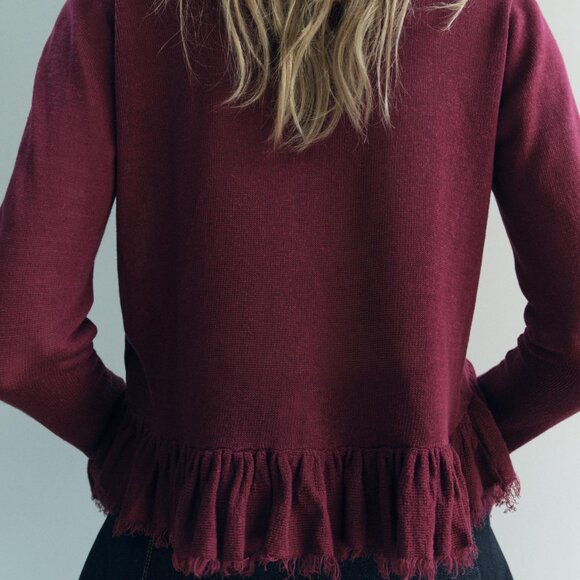 ZARA BURGUNDY KNIT CARDIGAN BLOUSE WITH RUFFLES - Picture 4 of 7